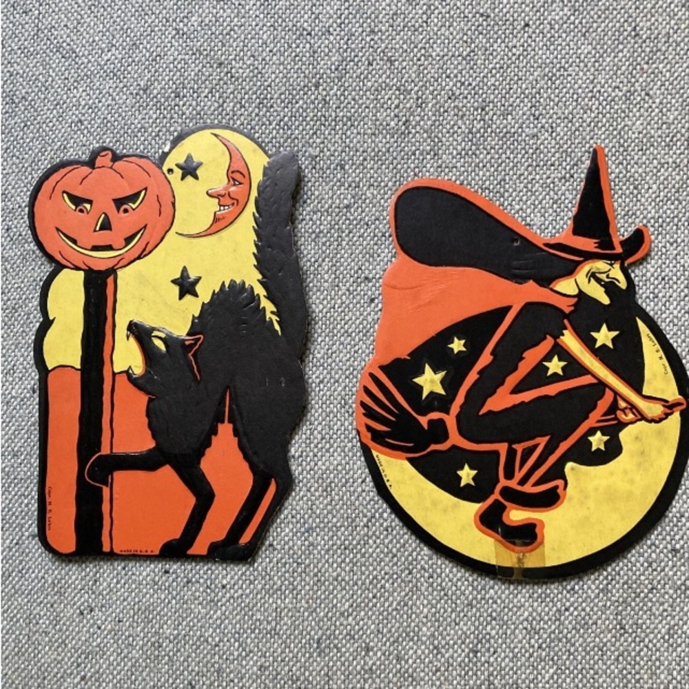 2 Vintage Halloween Black Cat Jack O’Lantern Witch Moon Die Cut Decoration